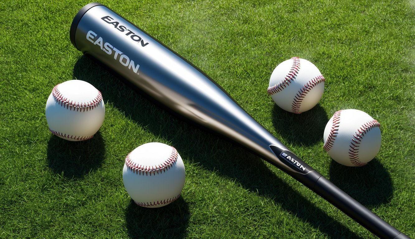 An Easton bat lies on a grassy field, with the sun shining down on its sleek, metallic surface.</p><p>The bat is surrounded by baseballs and a player's glove, ready for a game