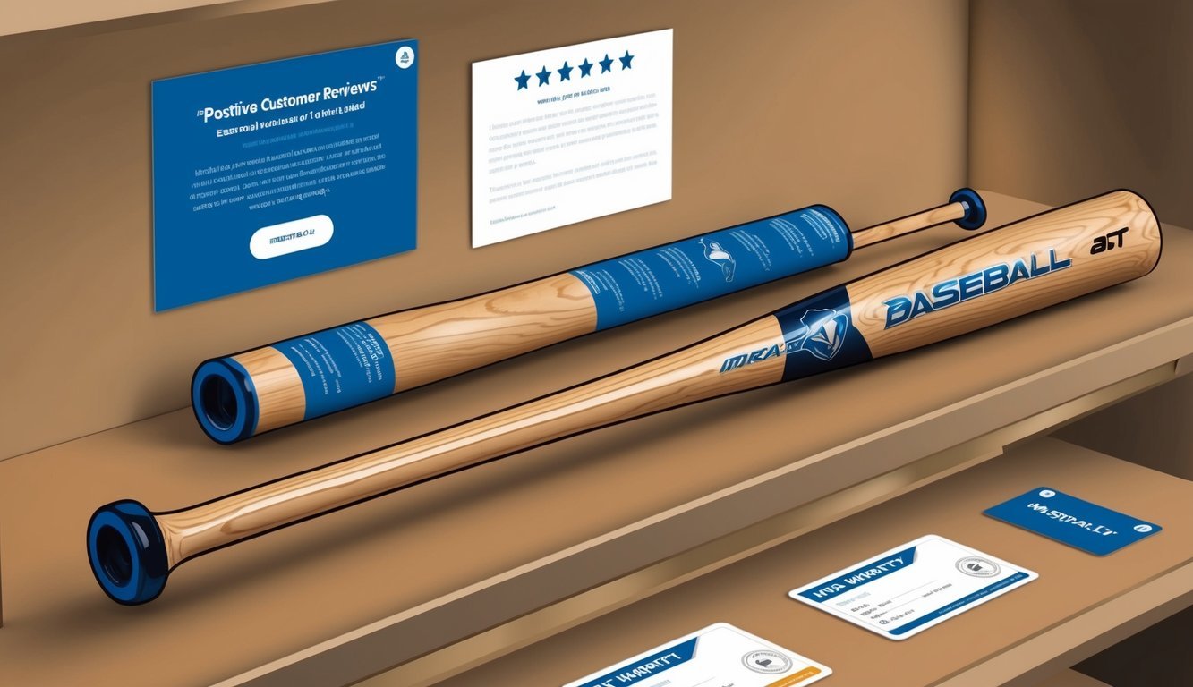 A baseball bat resting on a display shelf, surrounded by positive customer reviews and a warranty card