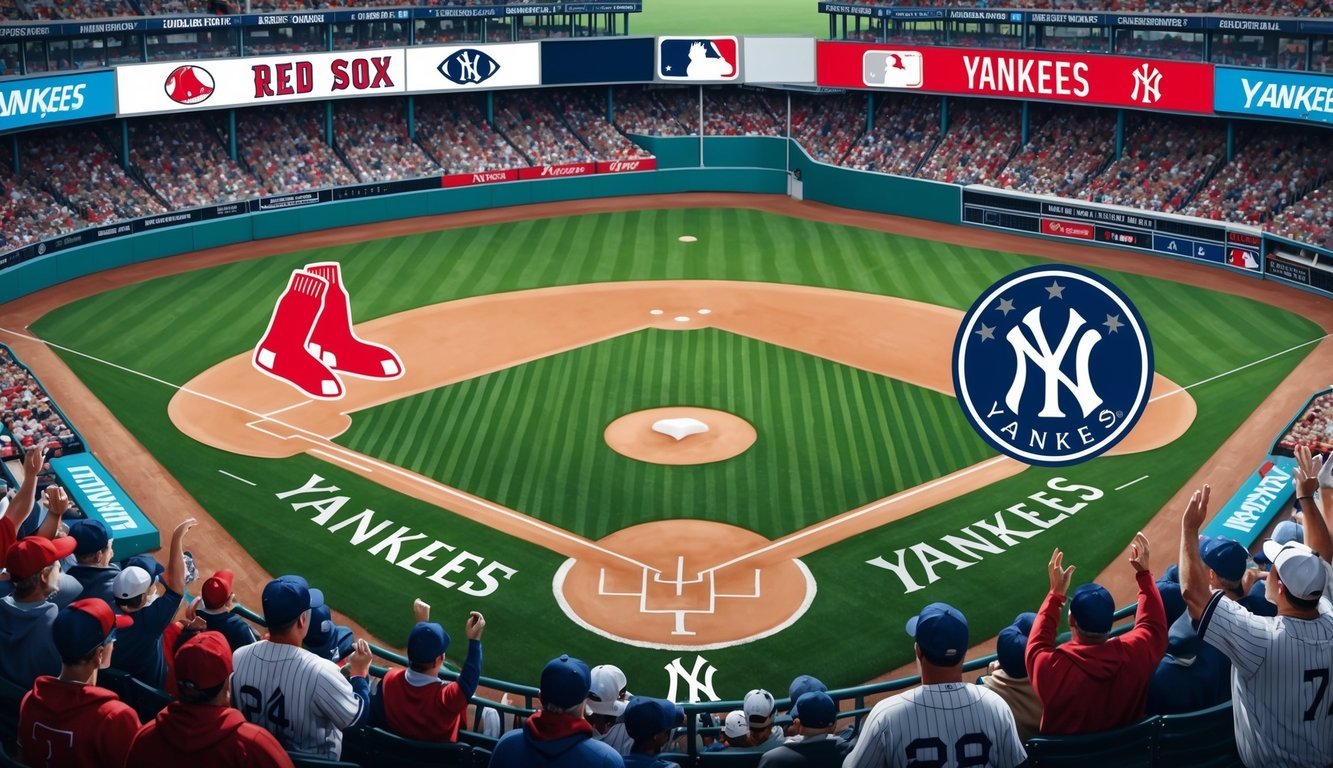 A baseball field with the Red Sox and Yankees logos, surrounded by cheering fans