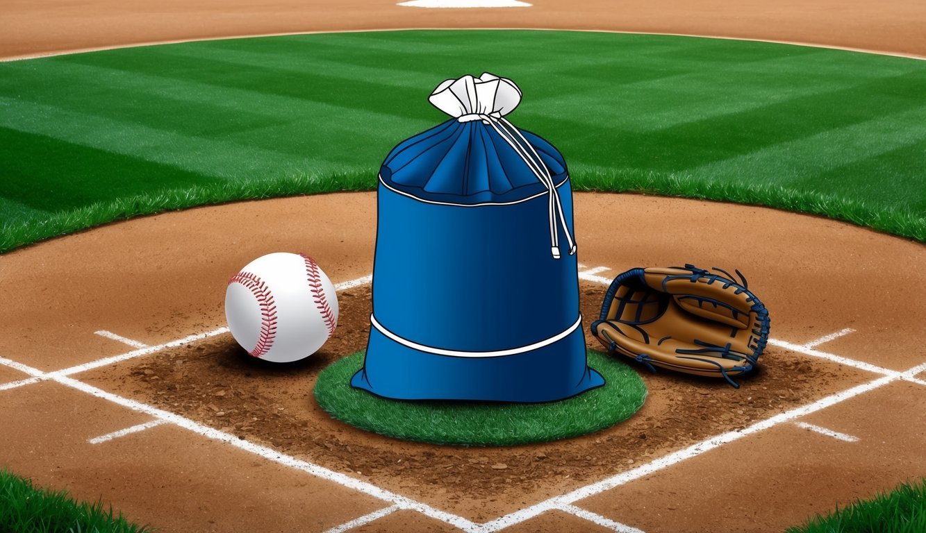 A baseball rosin bag sits on the pitcher's mound, surrounded by dirt and grass, with a baseball and glove nearby