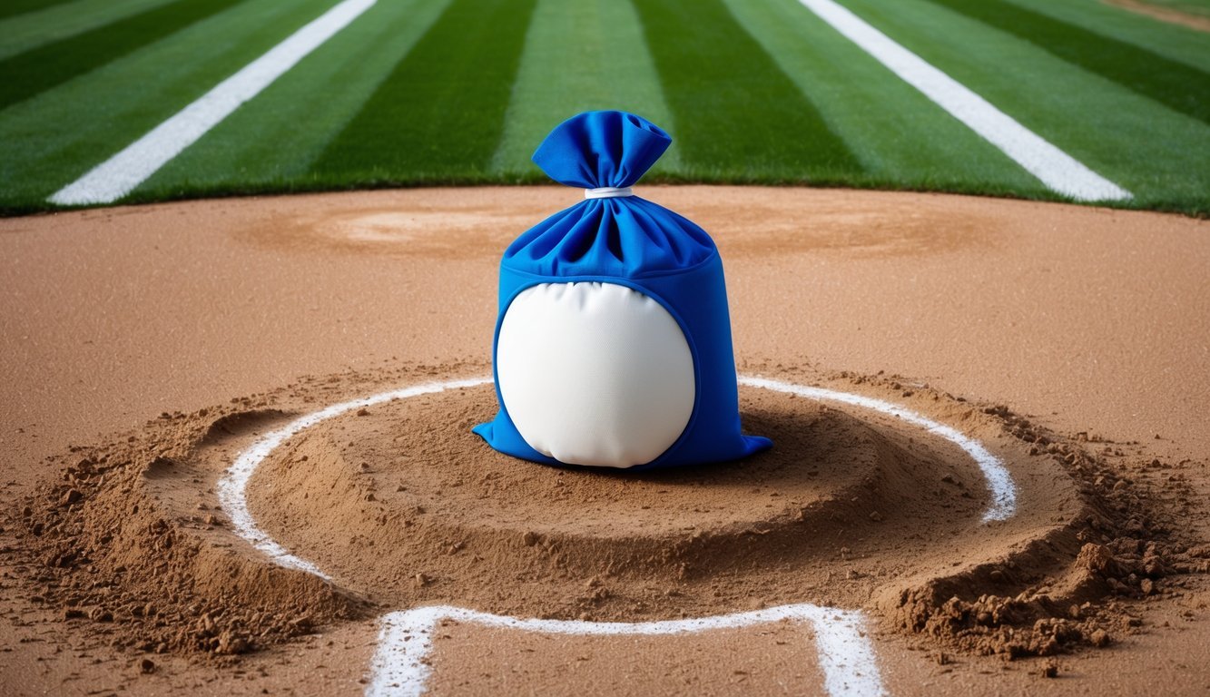 A baseball rosin bag sits on a pitcher's mound, surrounded by fresh white chalk lines and neatly raked dirt