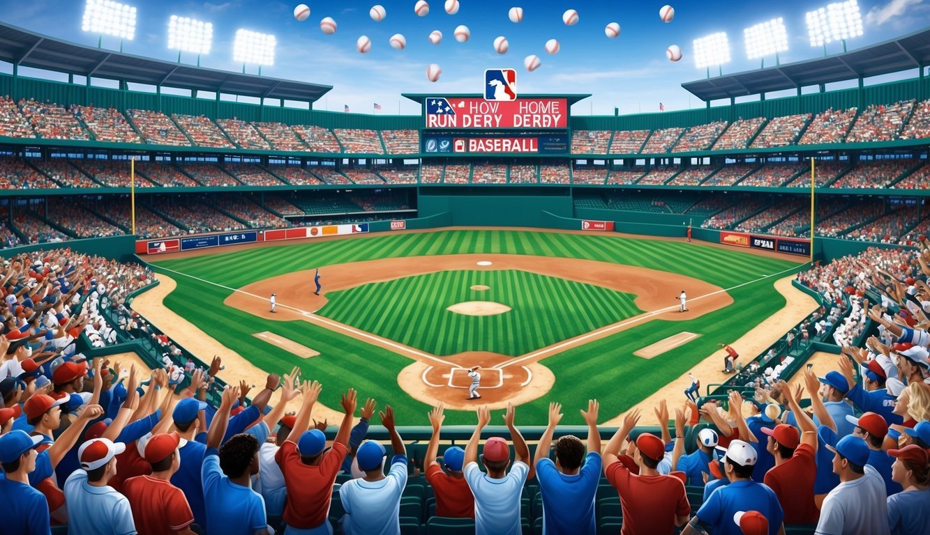 A baseball stadium filled with cheering fans as baseballs soar through the air during a home run derby