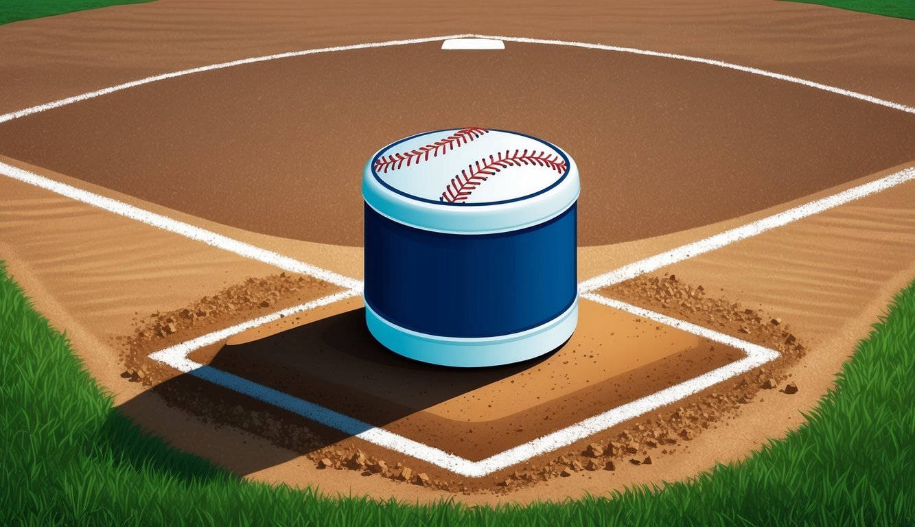 A baseball rosin bag sits on the pitcher's mound, surrounded by dirt and grass, with the sun casting long shadows in the late afternoon