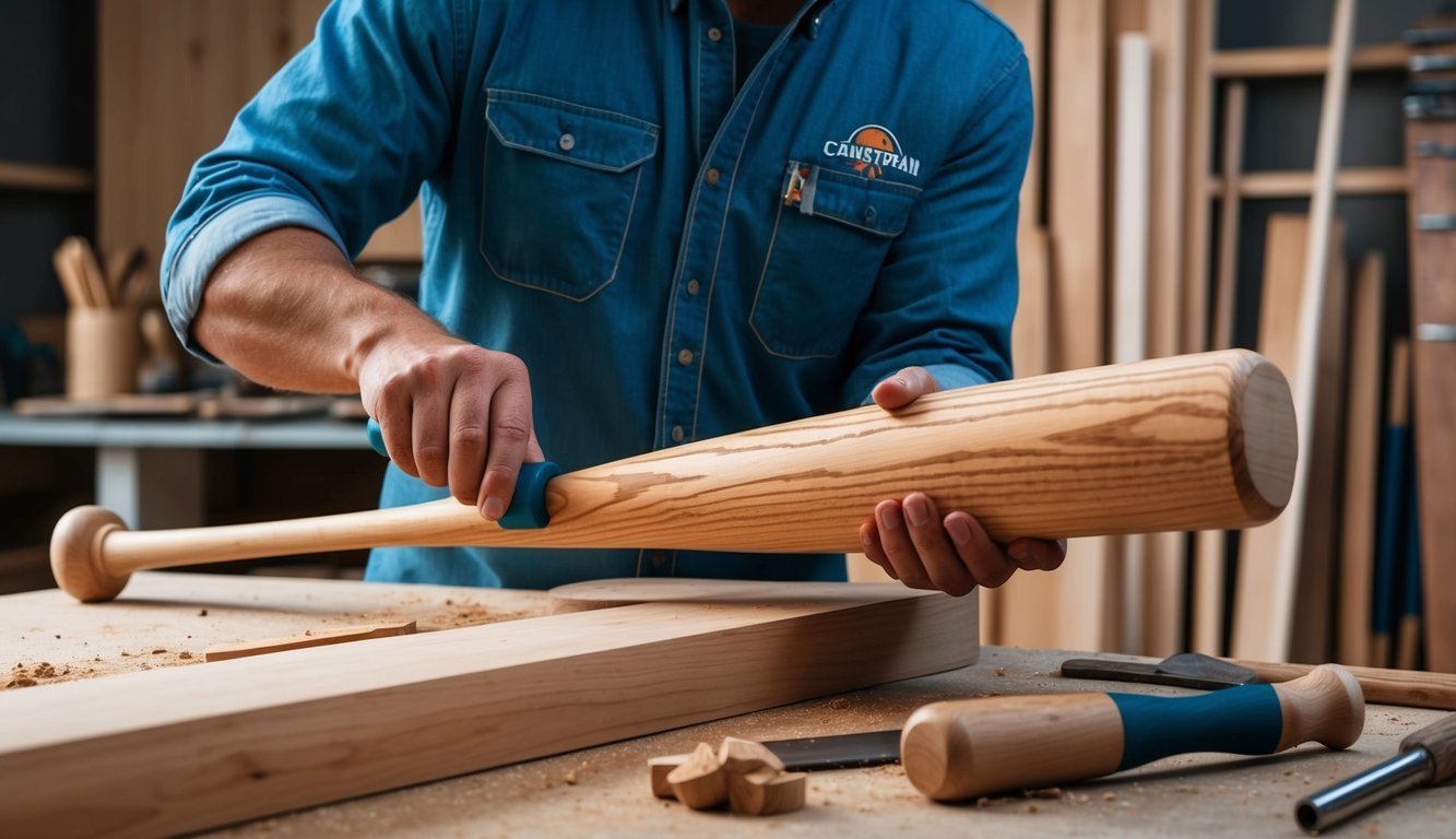 Carpenter holding a wooden baseball bat, tools and wood pieces on a table