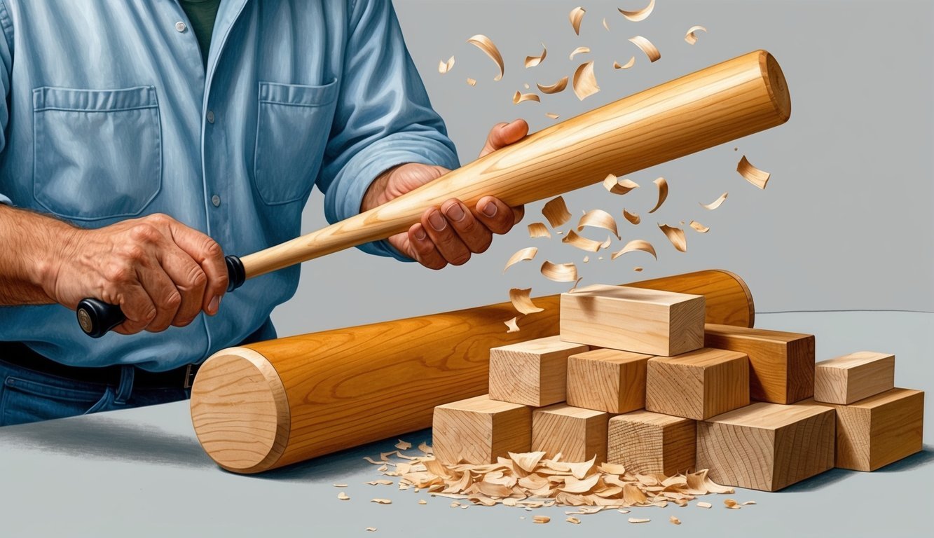 A skilled craftsman carves a maple baseball bat, shavings flying as the wood takes shape.</p><p>A pile of assorted wood blocks sits nearby