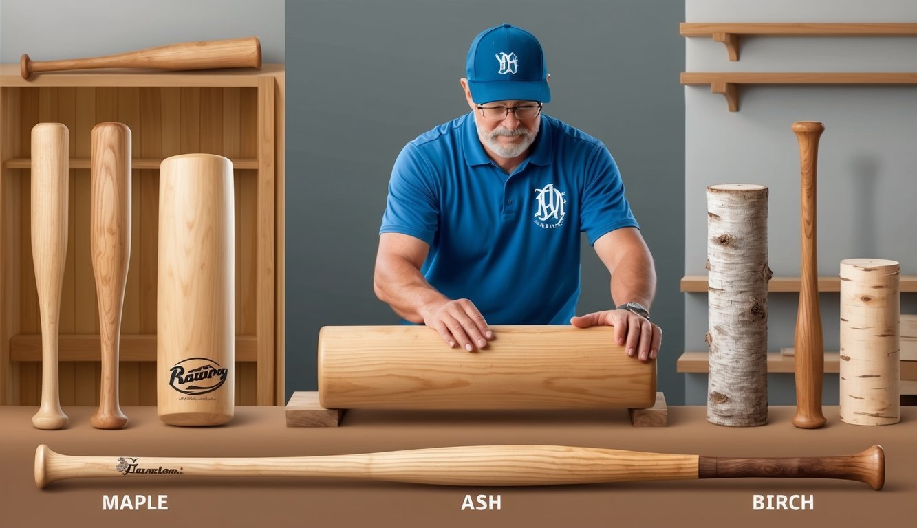 A bat maker selecting between maple, ash, and birch wood for baseball bats