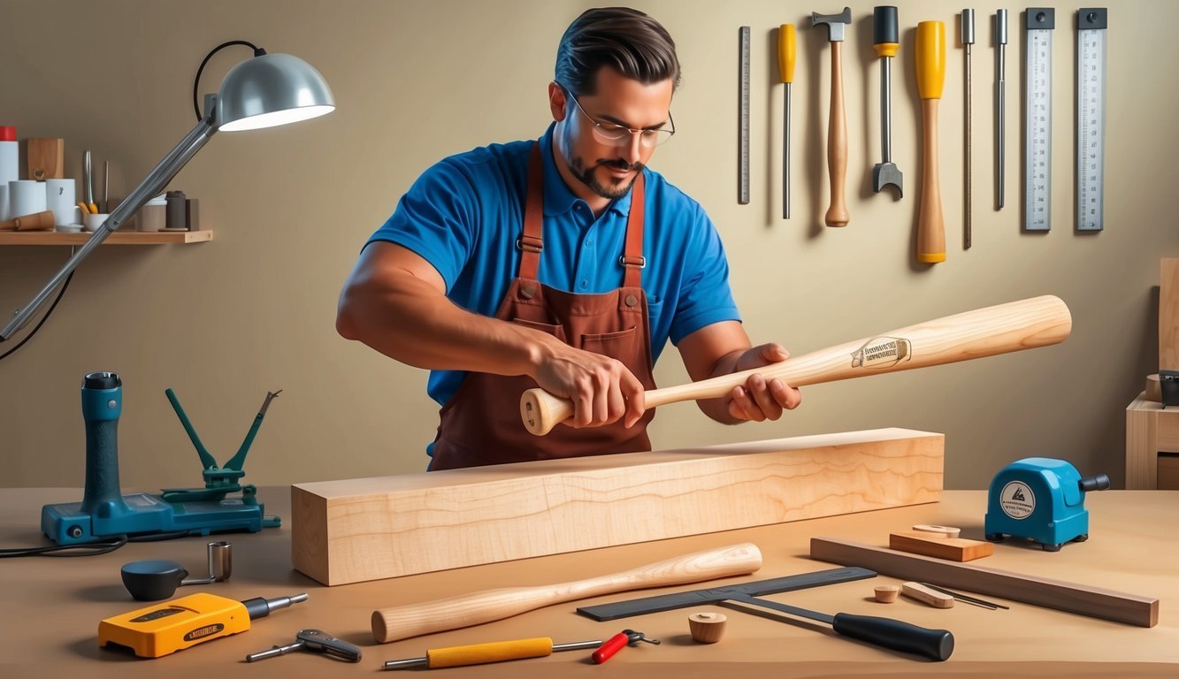 A craftsman carving a baseball bat from a block of maple wood, surrounded by various tools and measuring instruments