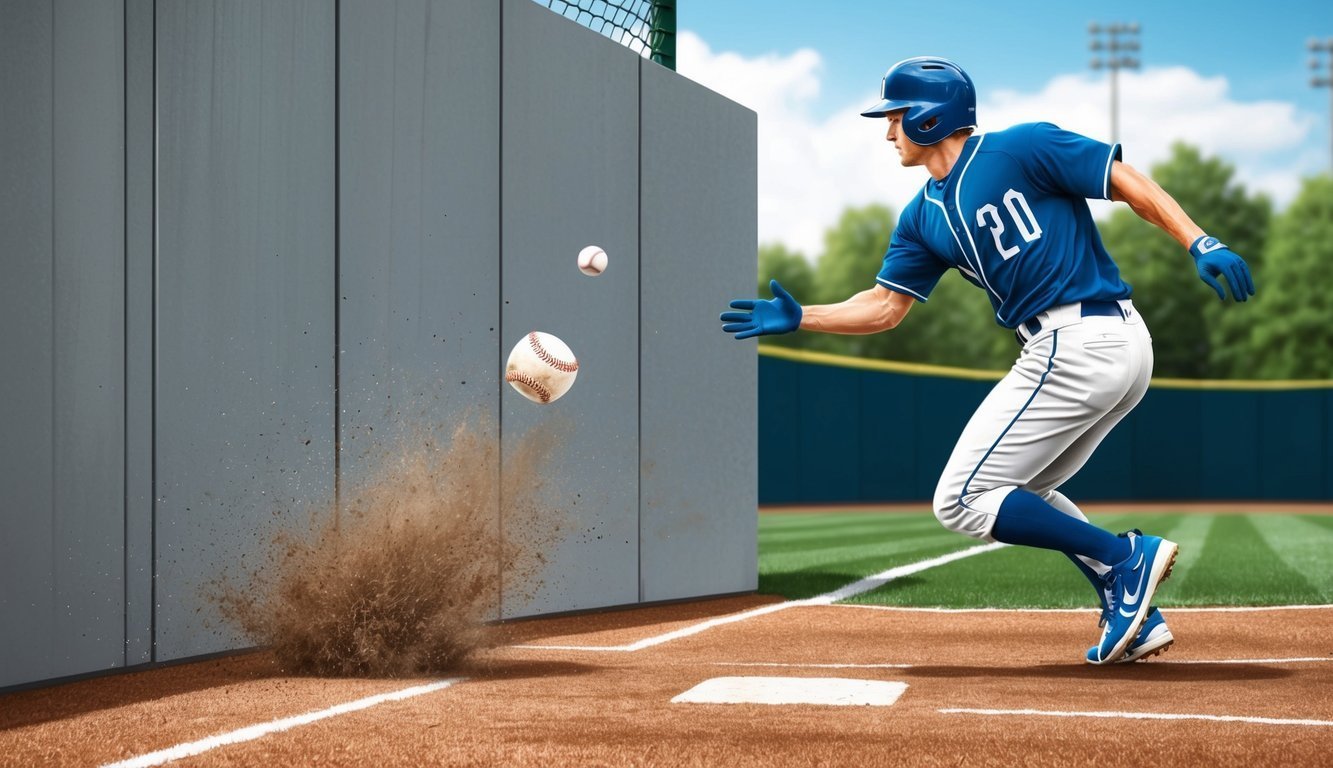 Baseball player in blue uniform diving for a ball near a wall