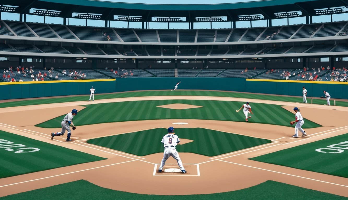 A baseball stadium with players on the field, one hitting a ground rule double