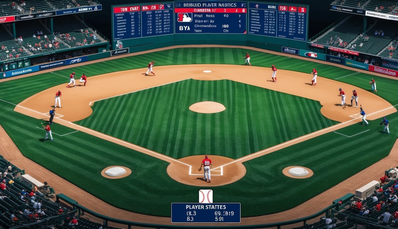 Baseball game in progress, players on field, scoreboard, and stadium seating