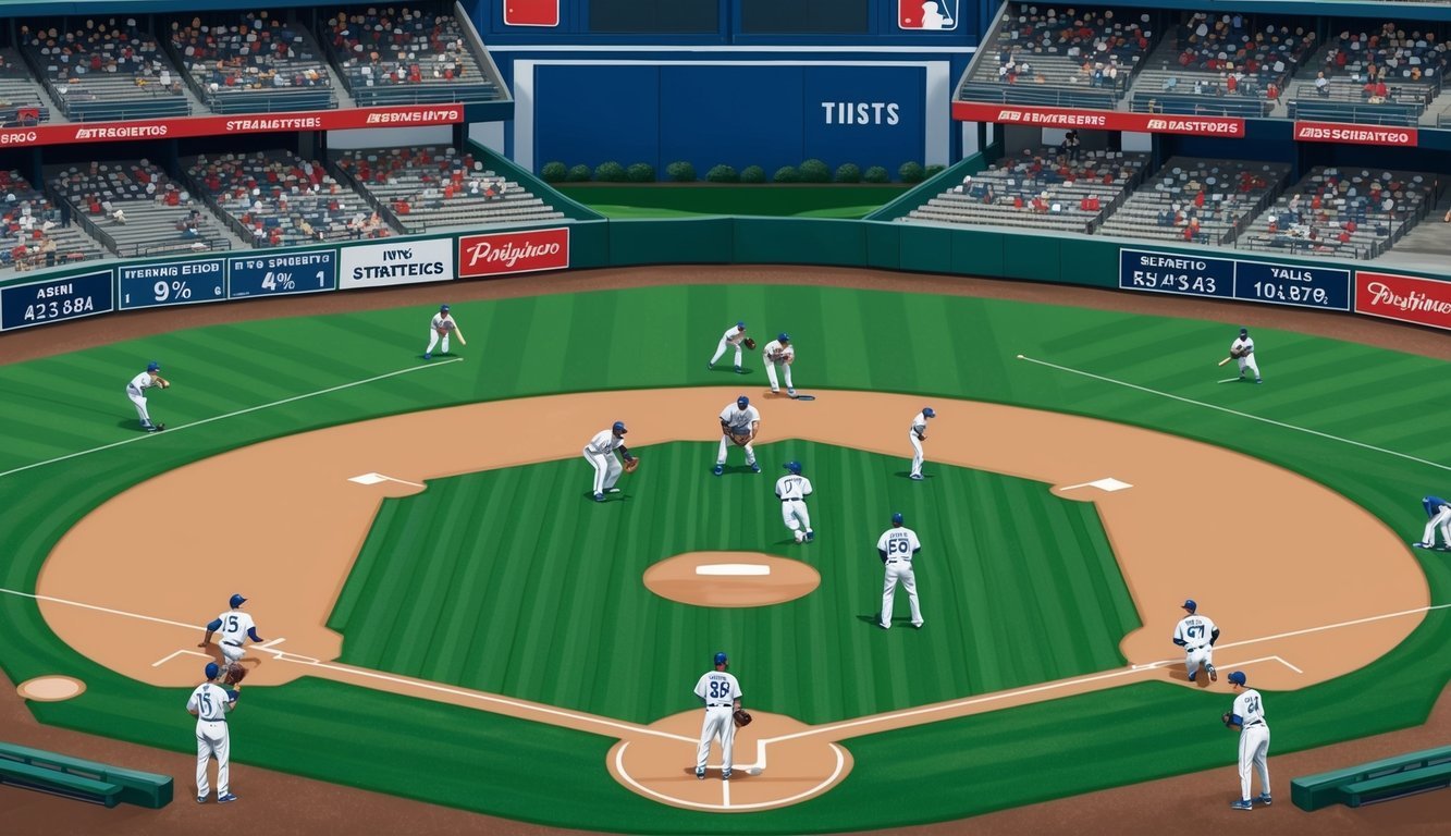 A baseball field with players strategizing and analyzing statistics