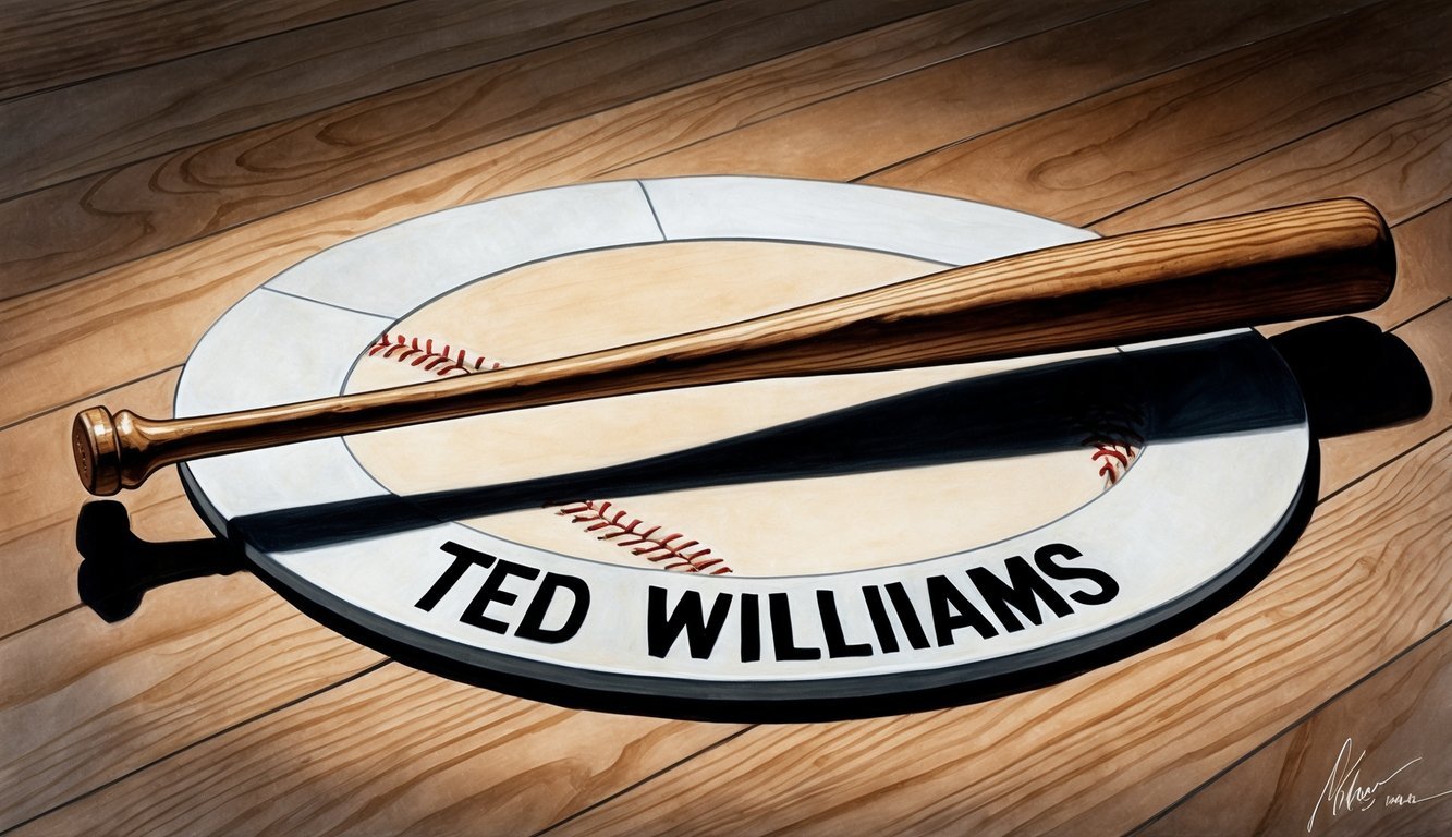 A baseball bat resting on a home plate with the name "Ted Williams" inscribed on it