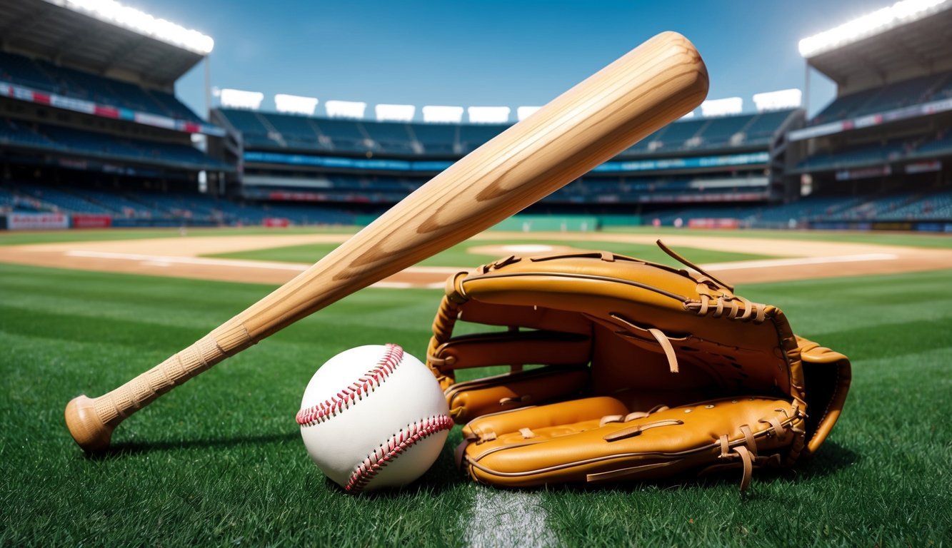 A baseball bat, glove, and ball on a field with a stadium in the background