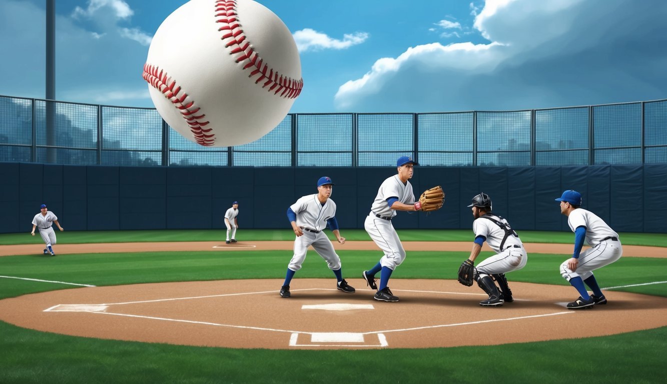 A baseball flying over the outfield fence, while fielders watch helplessly