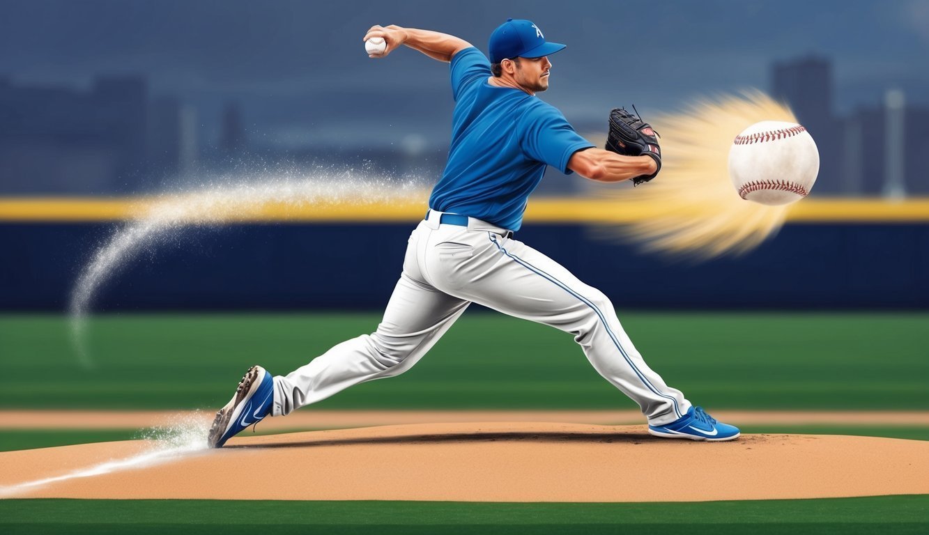 Baseball pitcher in action, throwing a fast ball with speed lines