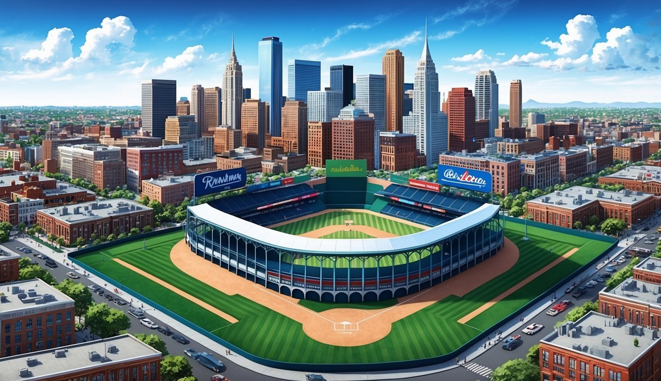 A bustling city skyline with a prominent baseball stadium in the foreground, surrounded by vibrant neighborhoods and bustling streets