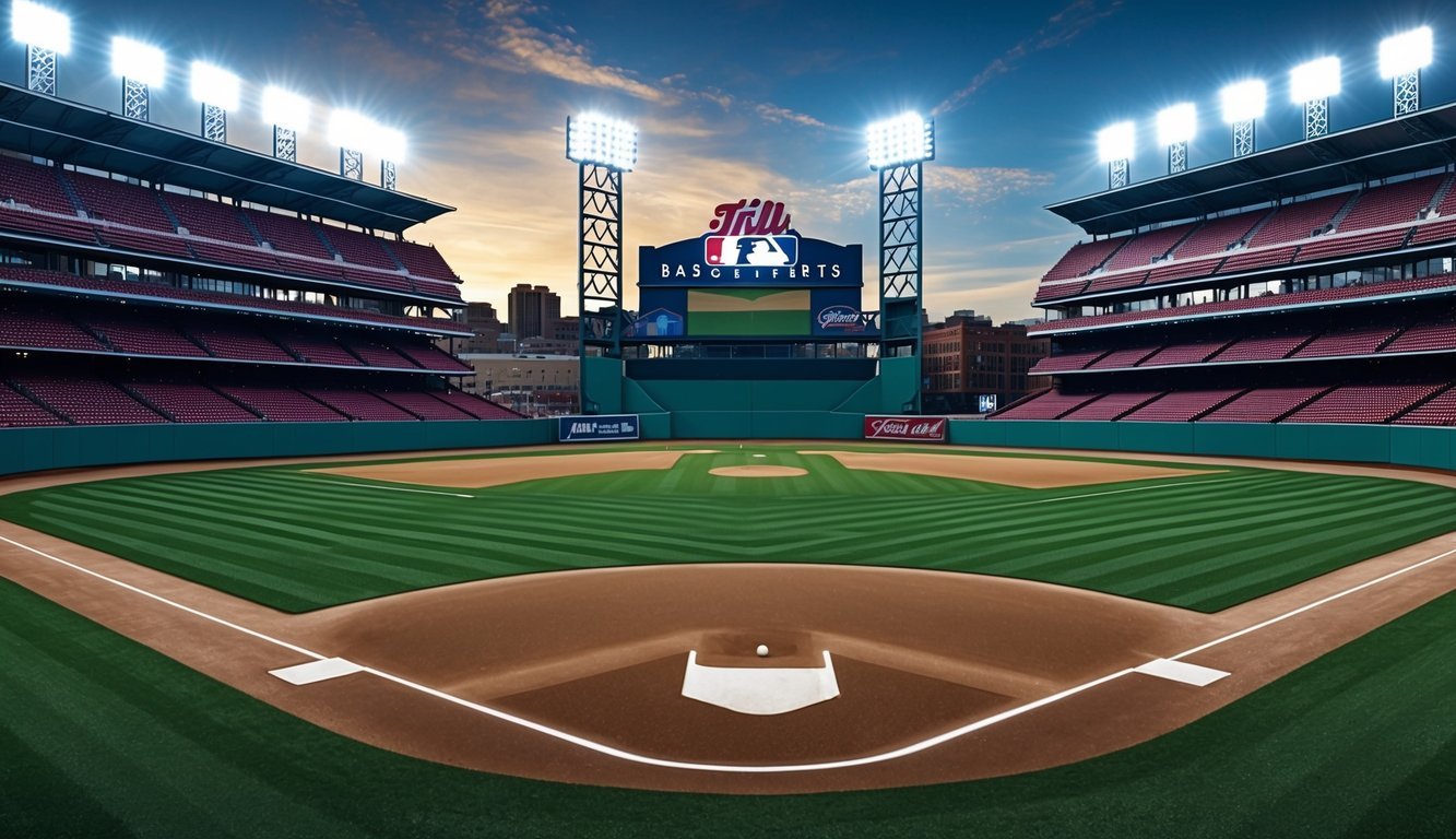 The iconic baseball fields and stadiums stand tall, like pillars of team identity, under the bright lights of the stadium