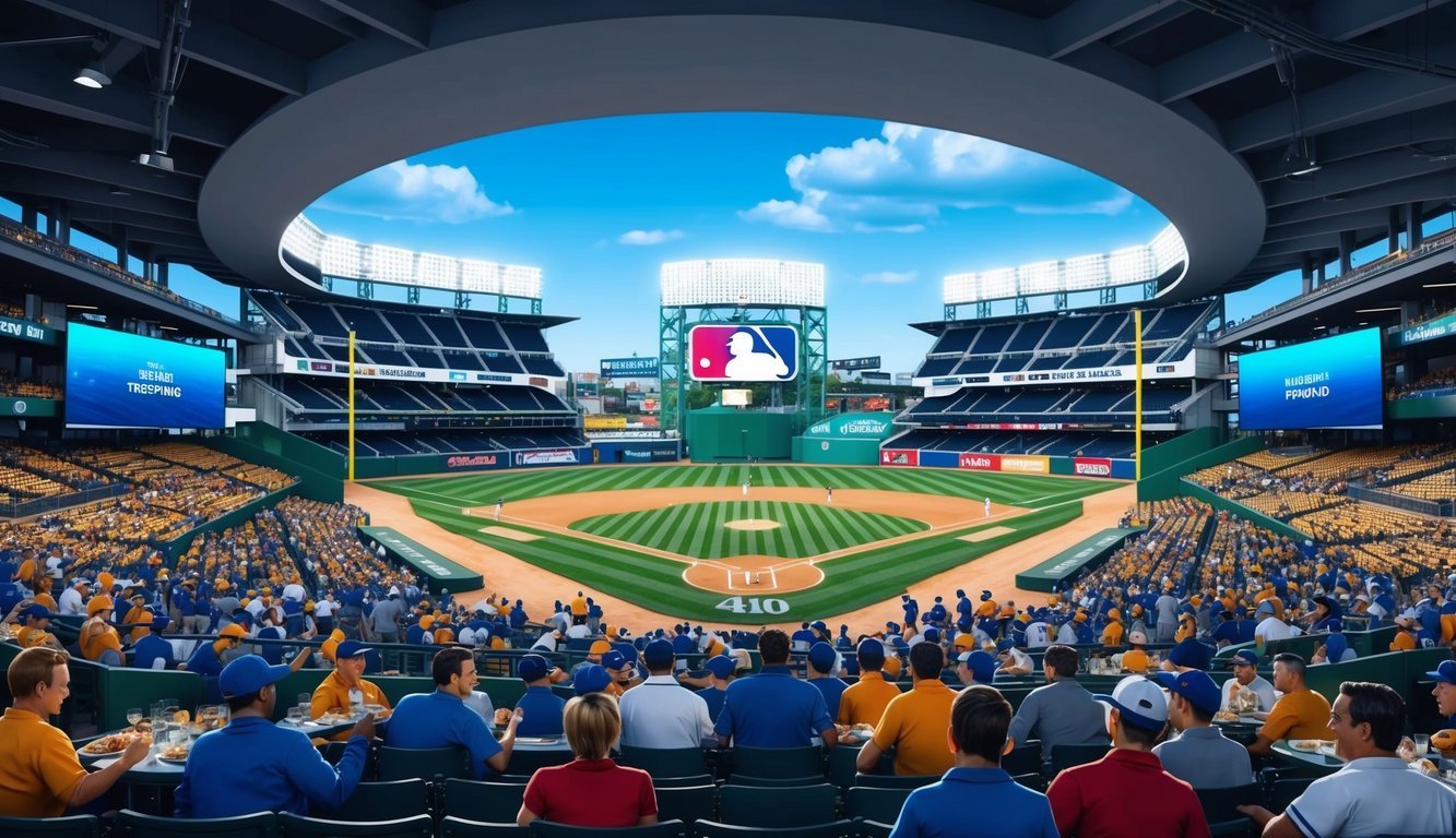 A modern baseball stadium with luxury suites, gourmet food options, and state-of-the-art video screens, surrounded by a bustling fan-filled concourse