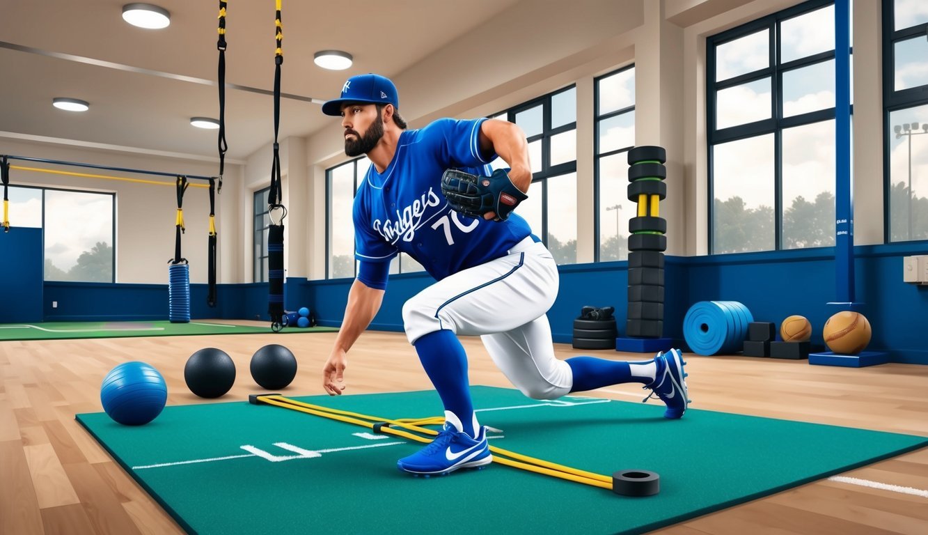 A baseball pitcher undergoes specialized training and recovery exercises, using resistance bands, weighted balls, and foam rollers in a well-lit gym