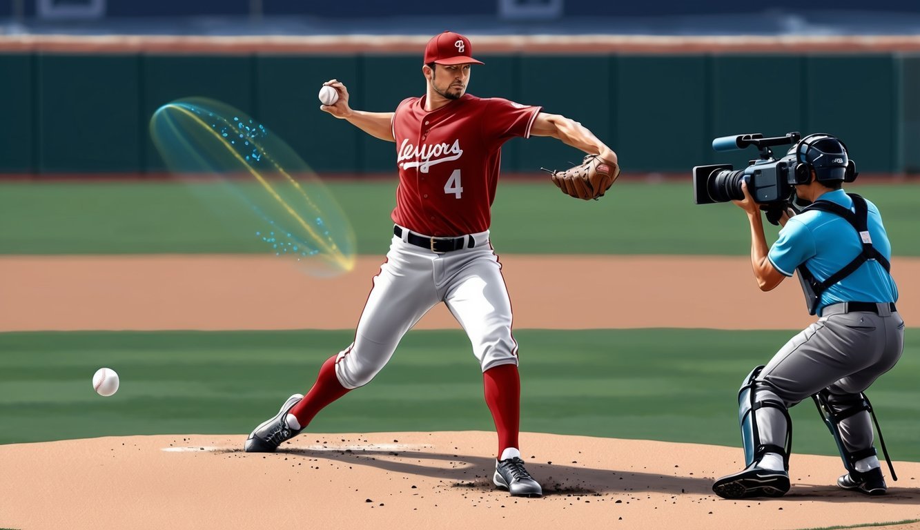 A baseball pitcher throwing a fastball with a high-speed camera capturing the ball's trajectory and spin