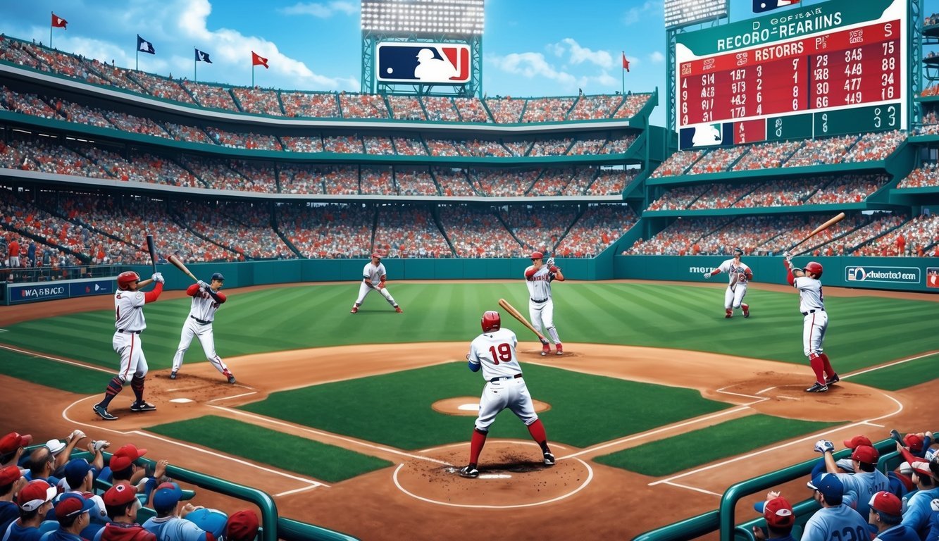 Players hitting home runs in a crowded baseball stadium with a scoreboard displaying record-breaking scores