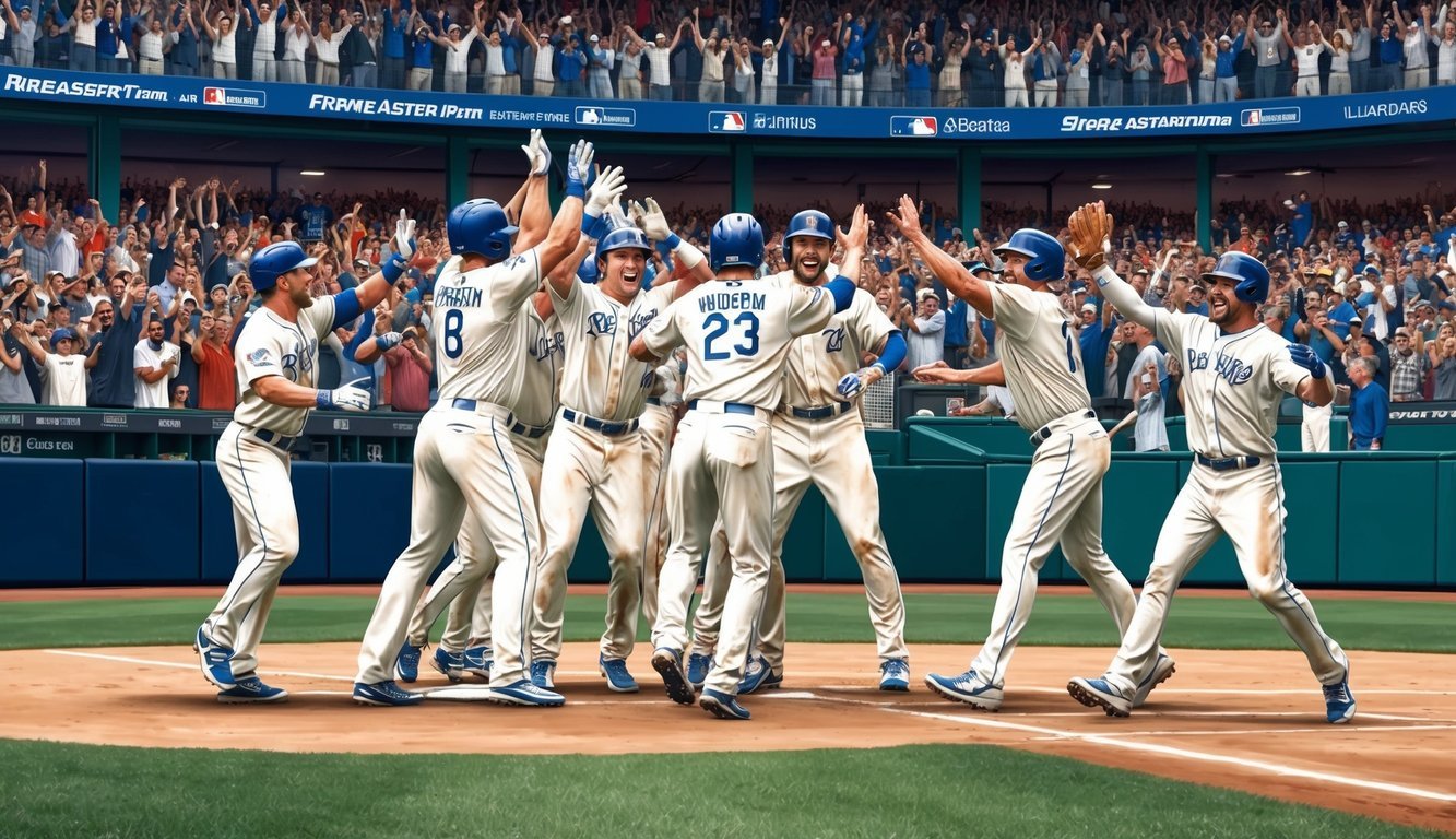 Players celebrating at home plate after a flurry of home runs in a packed stadium