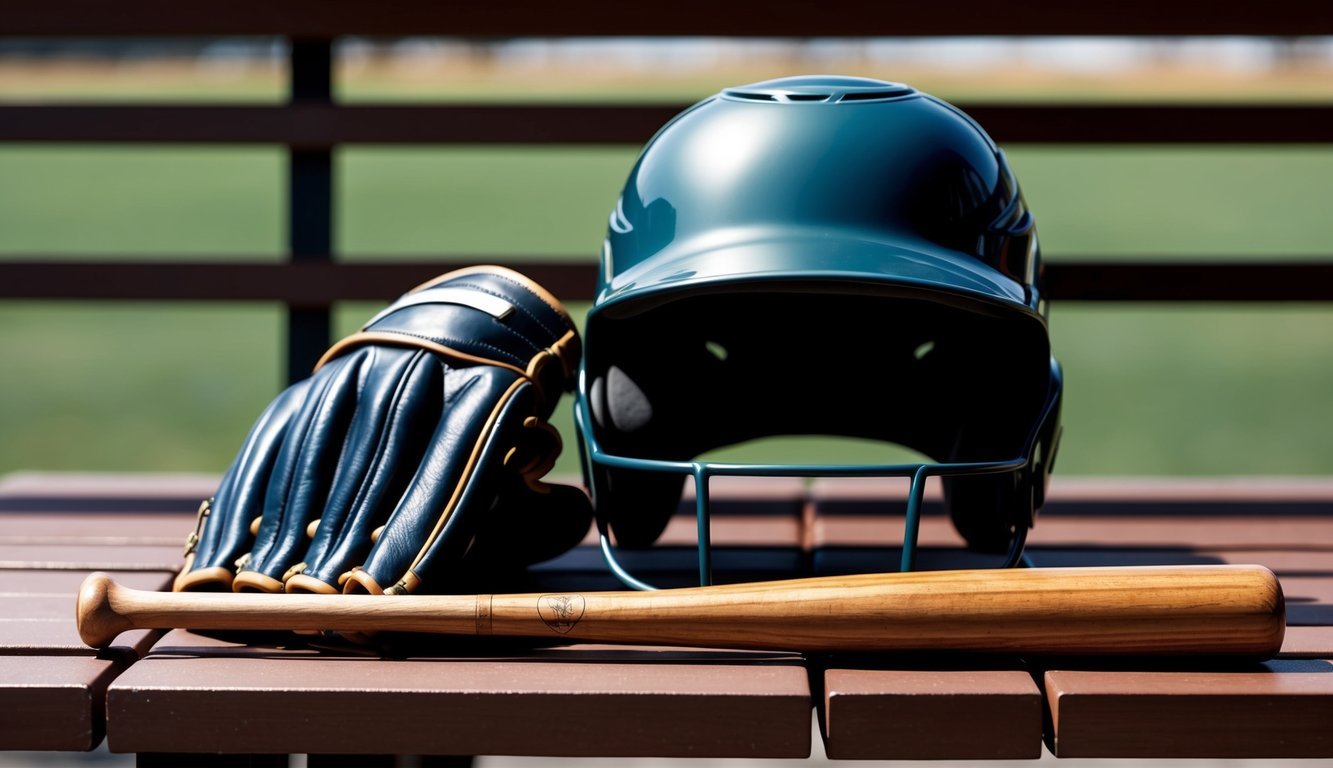 A well-worn leather glove, a polished wooden bat, and a sleek, modern helmet sit on a bench, ready for action