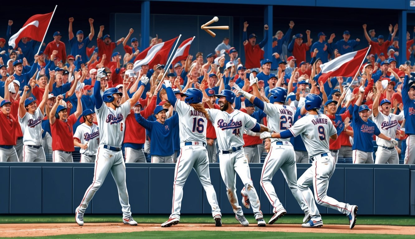 Players celebrating in a packed stadium as the baseball sails over the fence.</p><p>Fans cheer and wave flags in excitement