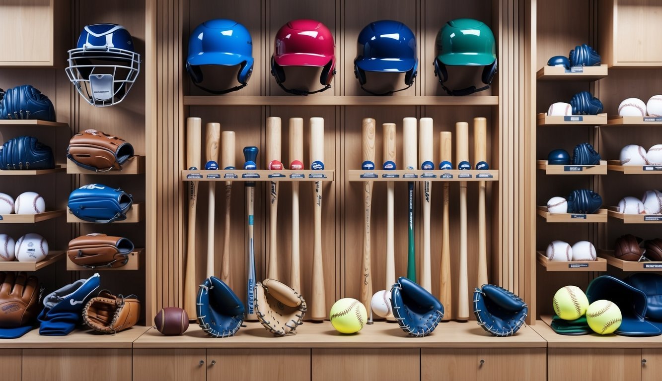 A well-organized display of professional baseball equipment, including gloves, bats, helmets, and balls, neatly arranged in a sports equipment store