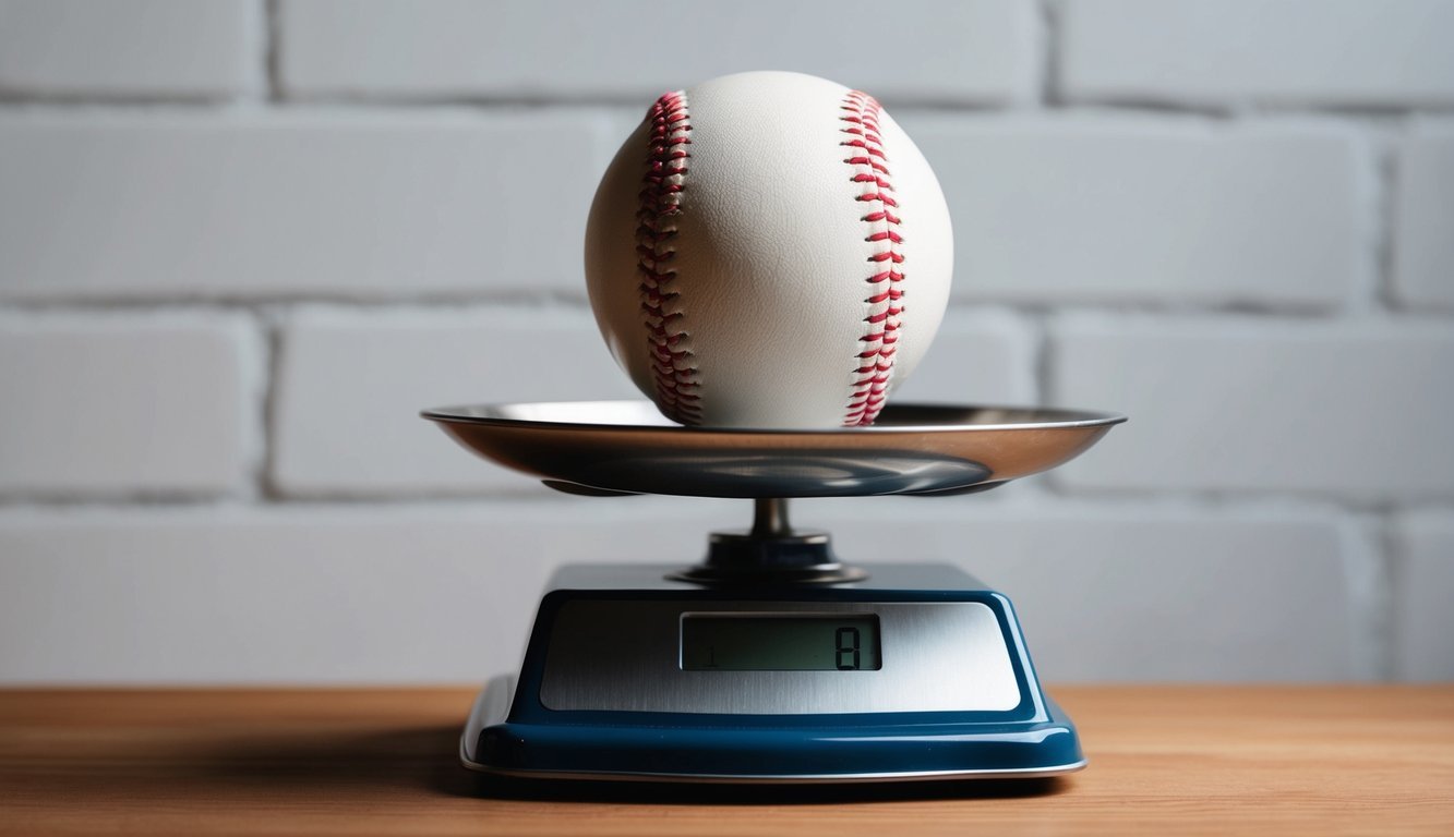 A baseball sits on a scale, showing its weight