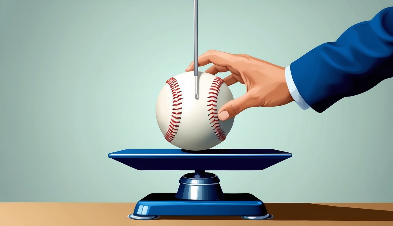 A baseball sits on a scale, the needle hovering at a precise weight.</p><p>A hand reaches in, adjusting the dial to measure the ball's mass