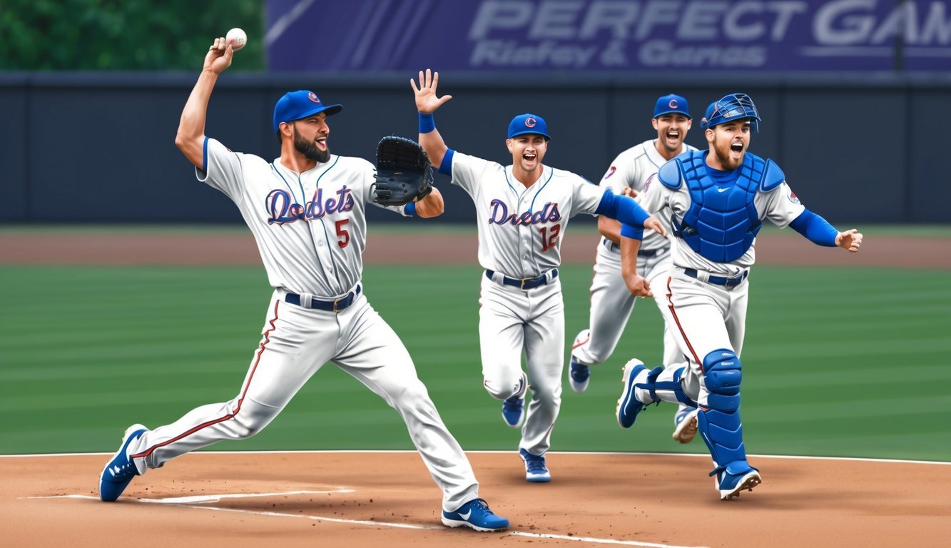 A pitcher throwing a strike for the final out of a perfect game, with the catcher and teammates rushing to celebrate on the field