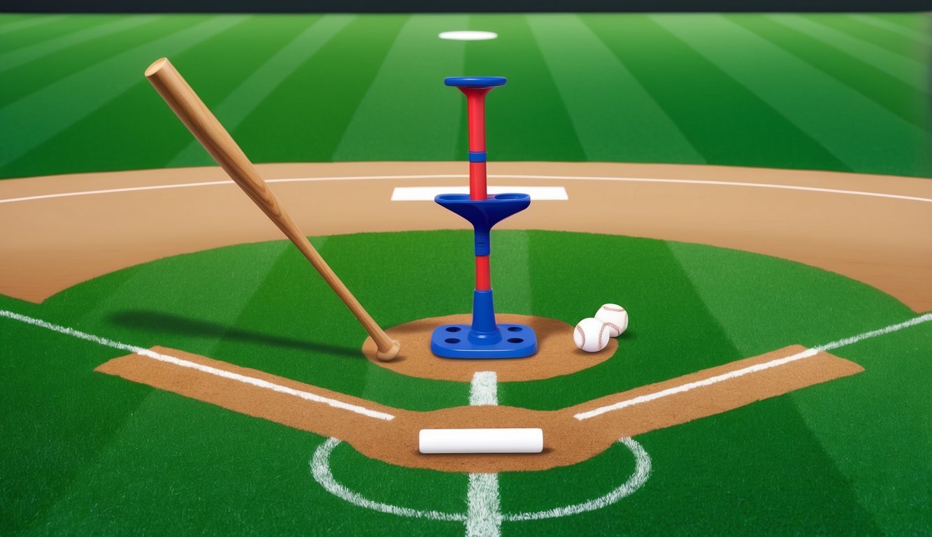 A baseball hitting drill setup with a tee, bat, and balls on a field