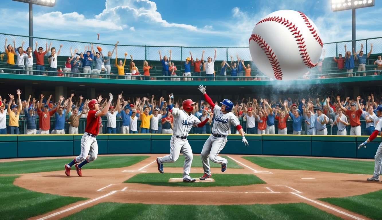 A baseball flying over the outfield fence as fans cheer and players celebrate on the field