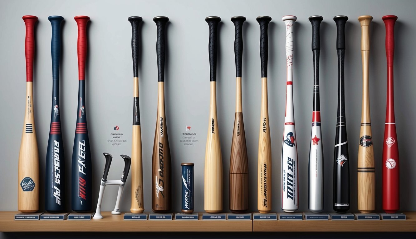 A variety of baseball bats arranged on a display shelf, each labeled with a different player profile