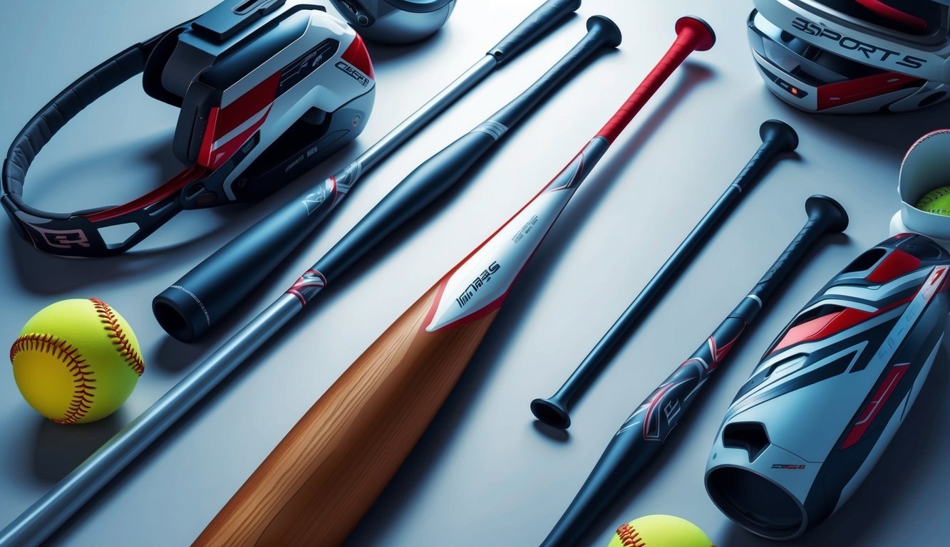 A modern baseball bat with advanced technology and innovative design, surrounded by futuristic sports equipment