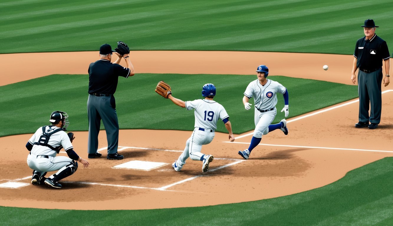 A baseball field with a player catching a ball, while another player runs towards a base, and umpires watching the action