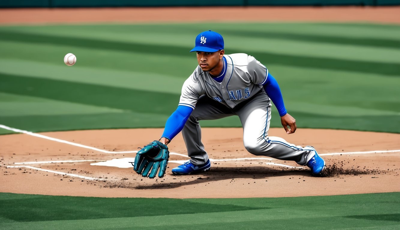 A baseball player crouches low, glove outstretched, eyes focused on the ball as it hurtles towards them from the pitcher's mound