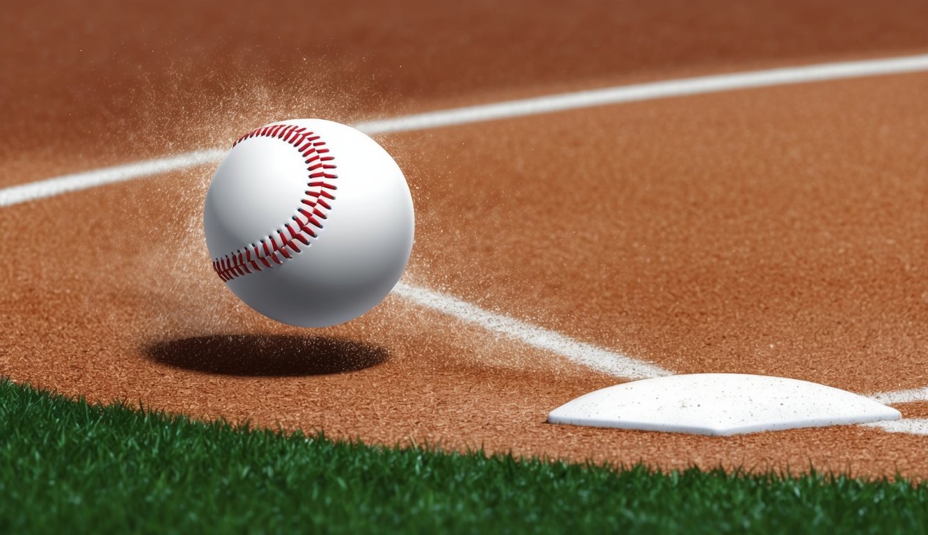 A baseball spinning off the fingertips, curving sharply to the side