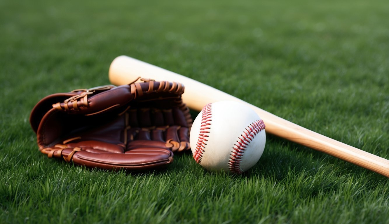 Baseball, bat, and glove on green grass