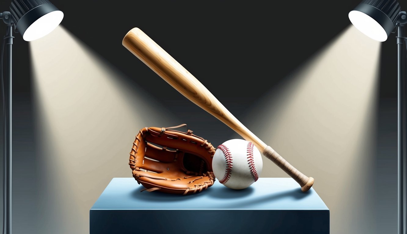 A baseball bat, glove, and ball arranged on a pedestal under a spotlight