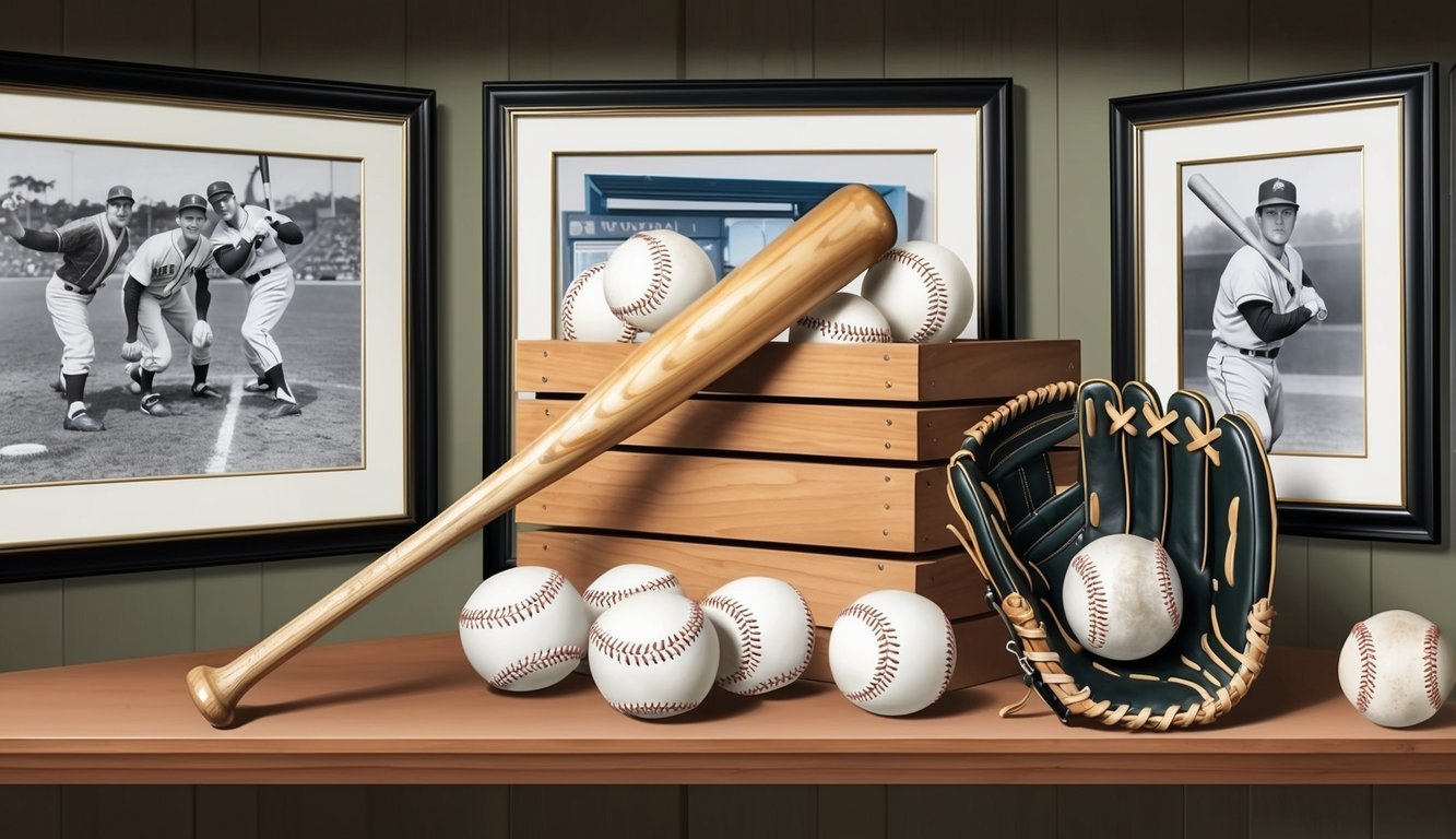 A baseball bat, a pile of baseballs, and a vintage baseball glove on a wooden shelf surrounded by framed photos and memorabilia