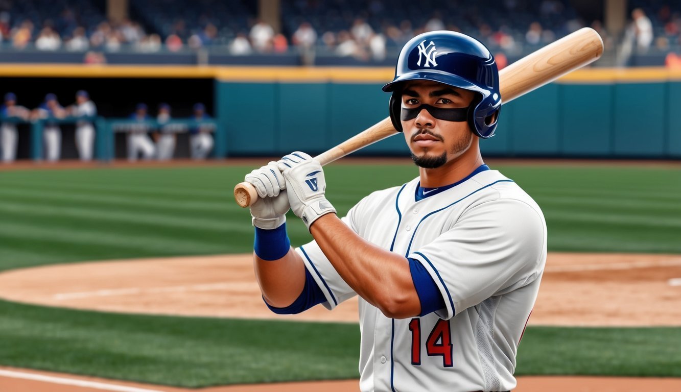 Baseball player in Yankees uniform holding a bat, looking at the camera