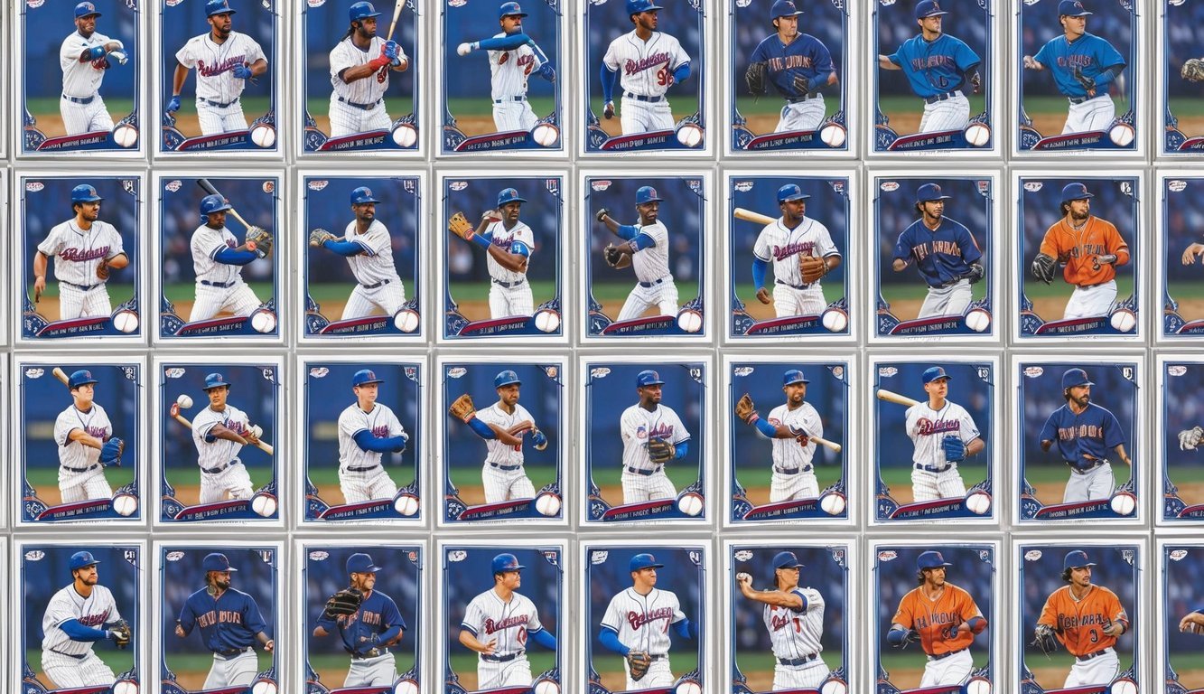 A collection of baseball cards arranged in a neat grid, with each card featuring a different famous player in action poses