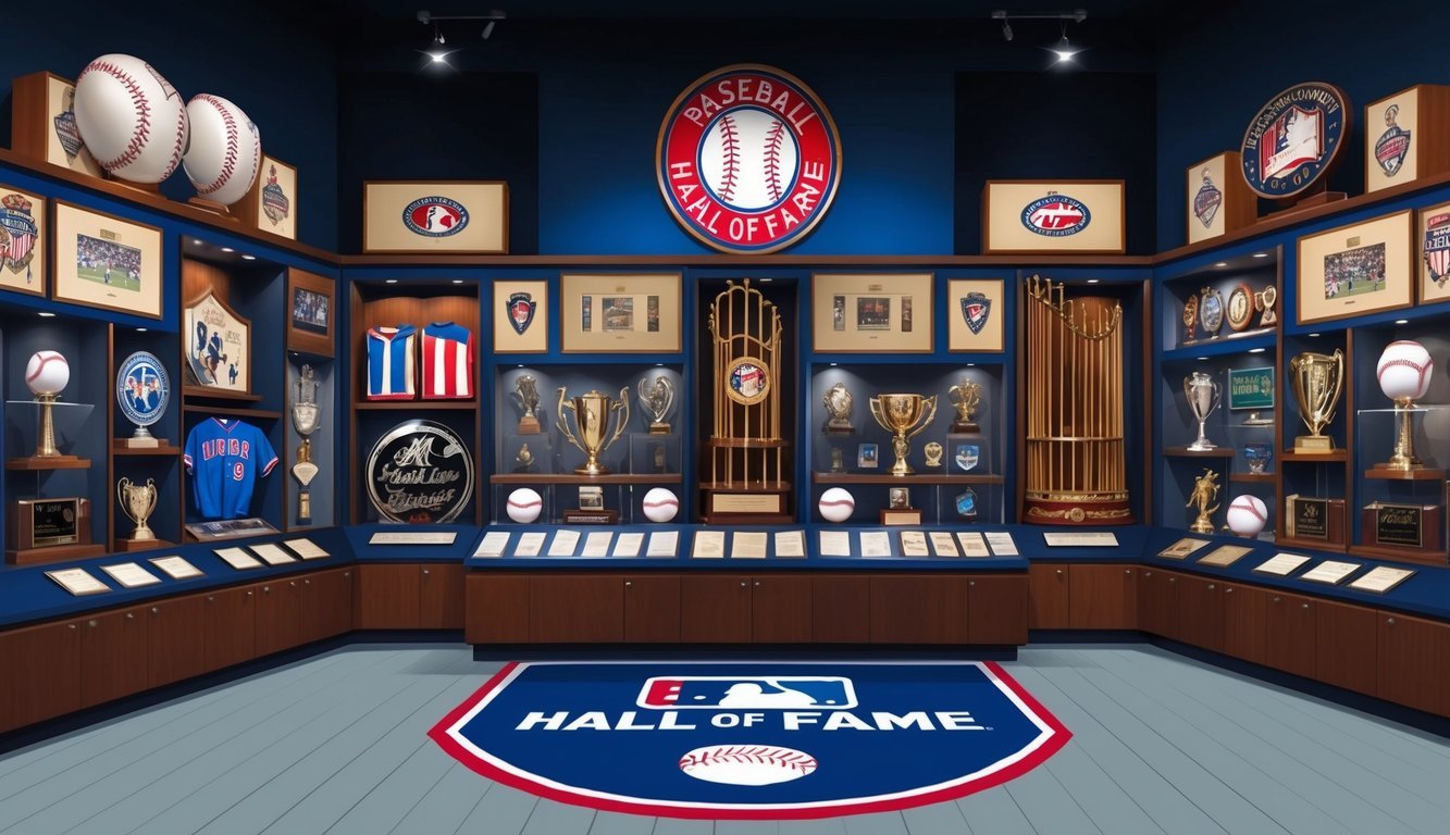 A display of baseball memorabilia and trophies in the Hall of Fame