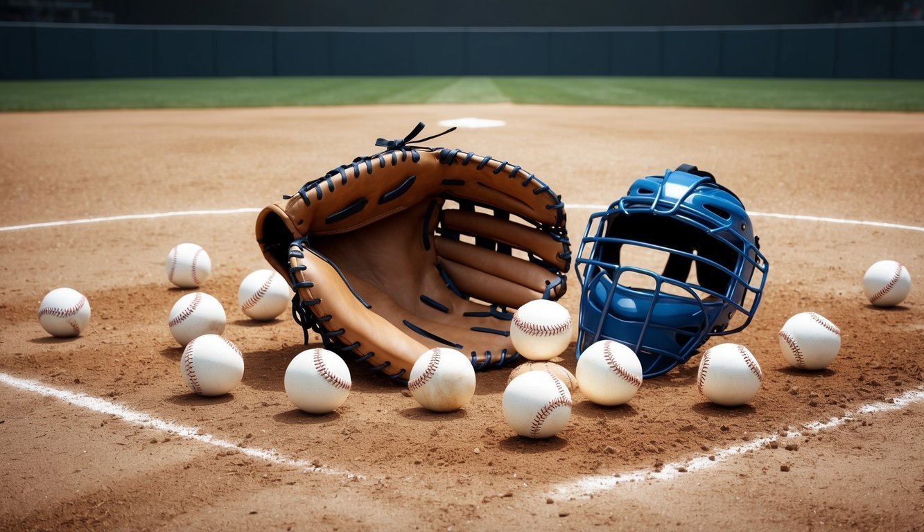 Baseball equipment, including balls, glove, and catcher's mask, on a baseball field