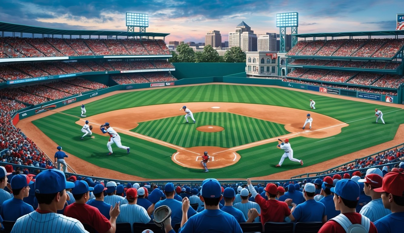 A crowded stadium with modern baseball players in action, showcasing the evolution of the game