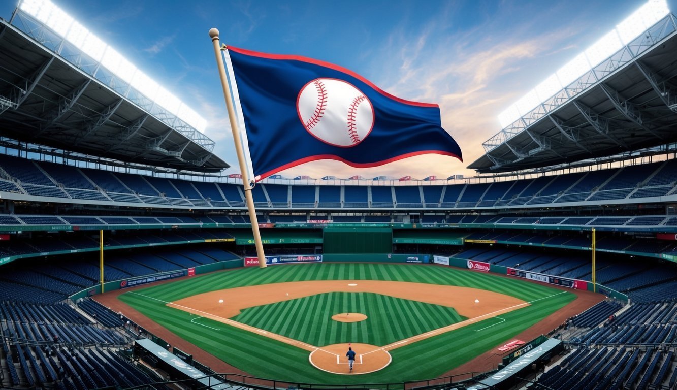 Baseball stadium with a flag featuring a baseball design waving in the wind