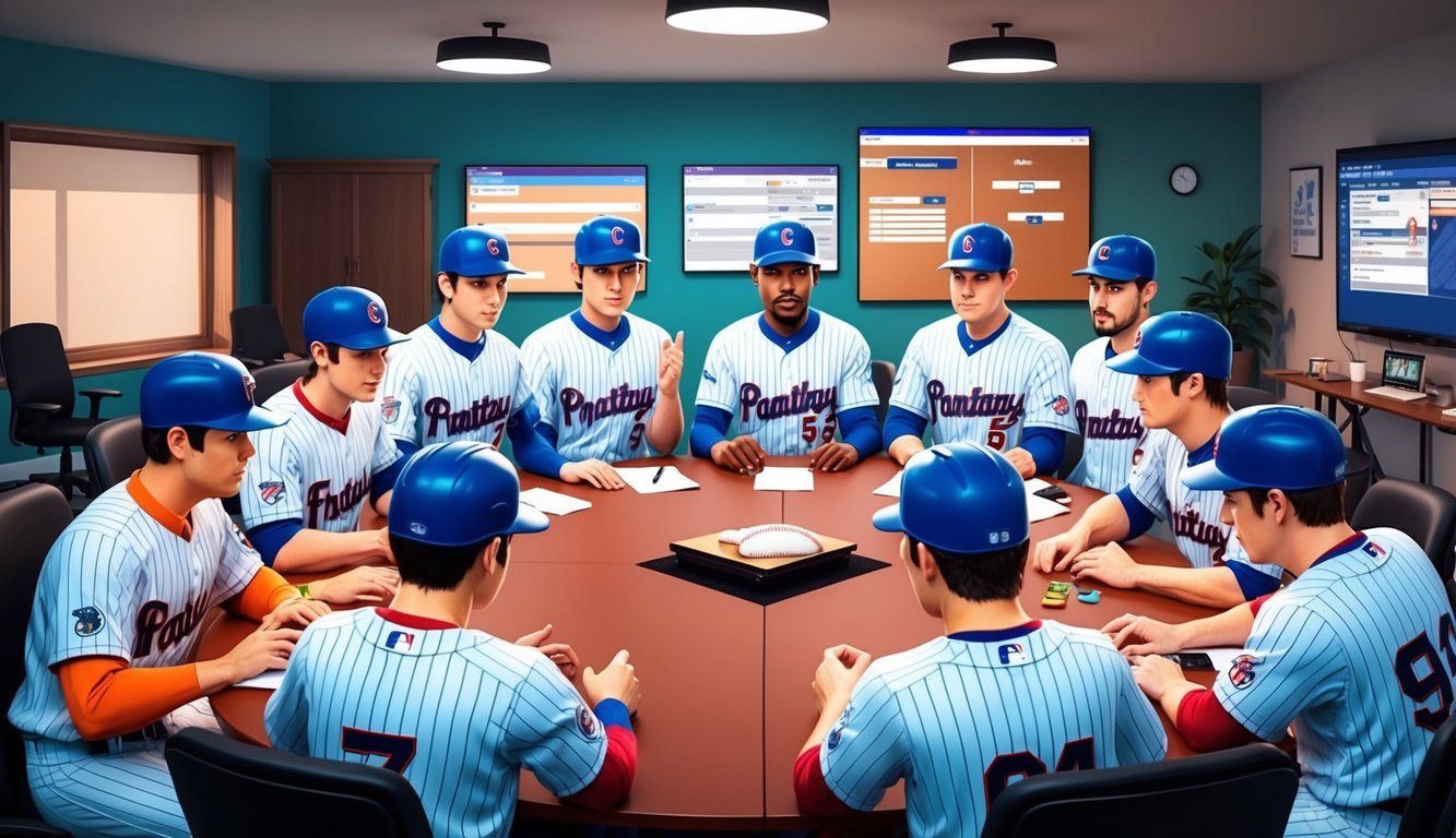 A group of animated fantasy baseball players strategizing and discussing game plans in a virtual meeting room