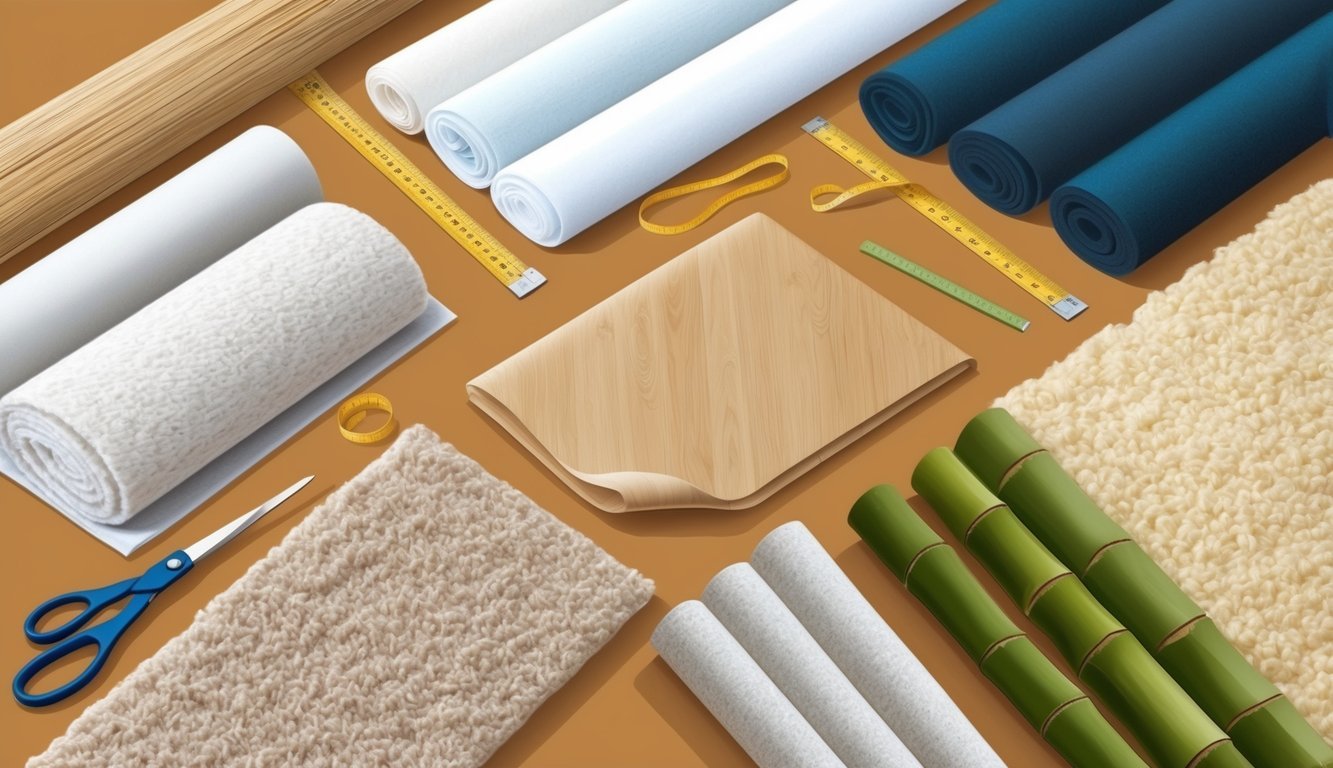 A variety of batting materials spread out on a worktable, including cotton, polyester, wool, and bamboo, with scissors and measuring tape nearby